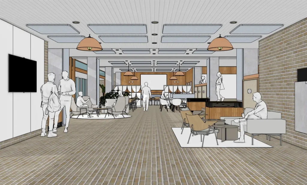 A modern interior space features people interacting, seated, and walking through an open area with tables, chairs, and décor. Overhead are pendant lights, and large windows line the walls, giving a spacious, airy feel.